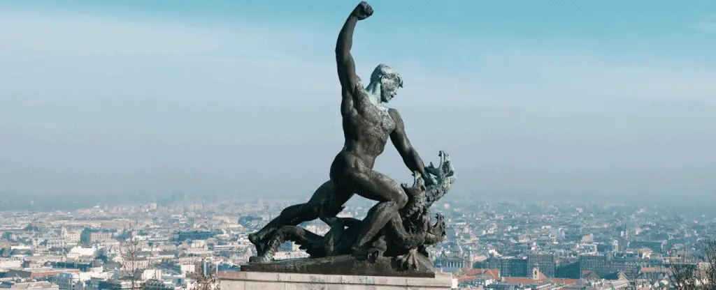 Statue of Saint George the dragon killer on Gellert hill in Budapest