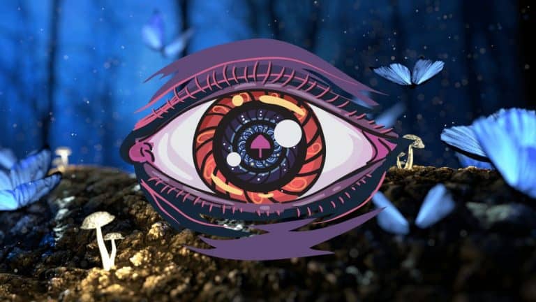 eye with mushroom in it with a background of blue butterflies