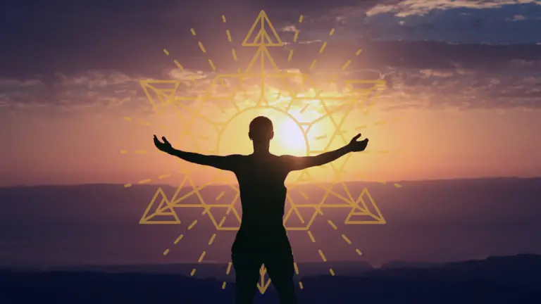 Man overlooking sunset with hands out and sacred geometry