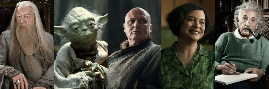 five examples of the Sage Archetype with Professor Dumbledore, Yoda, Lord Varys, The Oracle, and Albert Einstein. 