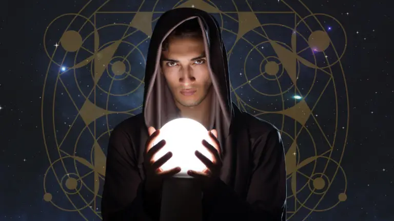 Magician with glowing hands and magic circle behind them