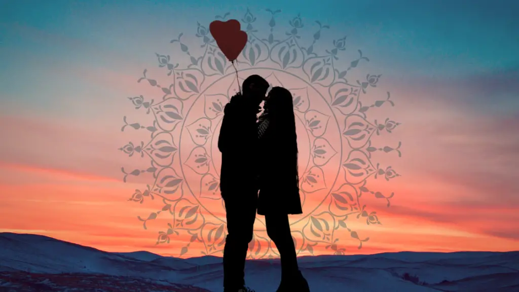 Two Lovers at sunset kissing with balloons and a flower design